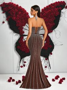 Elisanya Women Beaded Rhinestone Embellished Backless Spaghetti Strap High Waist Cocktail Party Dress - Brown - View 2
