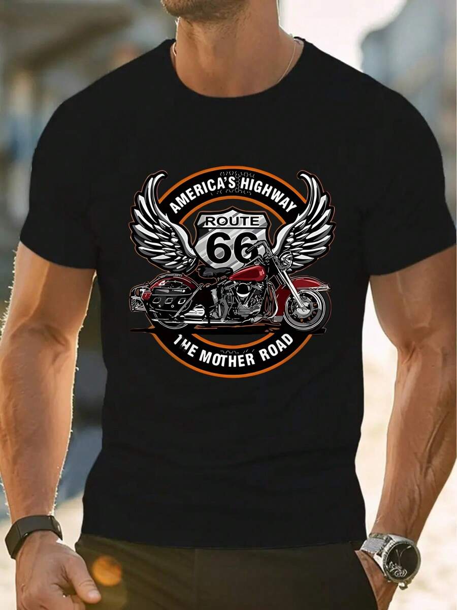 Men's White Route 66 Motorcycle T-Shirt. 220gsm Men's Casual Round Neck Pure Cotton Short Sve T-Shirt (1 Piece) - 黑色 - 查看 1