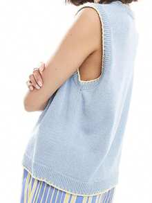 Womens Stylish Ribbed Knit Sweater Vests Cherry Lobster Contrast Hues Sleeveless Crew Neck Slim-Fitting Tank Tops