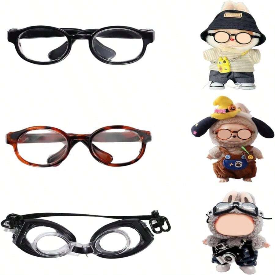 Doll Glasses Set For Labubu | Stylish Eyewear For Labubu Figures | Includes Brown &Amp; Black Glasses + Swimming Goggles | Perfect For Exciting Macaron &Amp; More