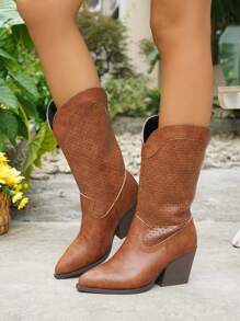 Women's Vintage V-Cut Pointed Toe Thick Heeled Hollow-Out Embroidery Western Mid-Calf Boots, Casual Slip-On Style