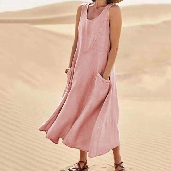 Vestidos de lino y algodón para mujer, sin mangas, con cuello redondo y bolsillos de verano 2025