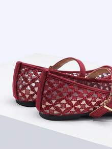 ADAMUMU Women's Fashion Square Toe Casual Party Office Buckle Breathable Woven Hollow Mesh Comfortable Slip-On Flat Shoes, Wine Red - Burgundy - View 8