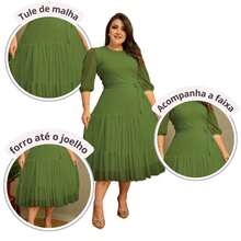 Plain Tulle Godet Dress With Belt 3/4 Sleeve Conservative/Modest Elegant Evangelical Church Fashion Santa Modas - 苔蘚 - 查看 4