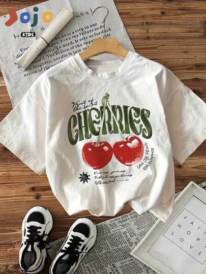 Novo estilo de primavera, camiseta esportiva infantil de algodão puro, macia e confortável, gola redonda, estilo universitário de rua, manga curta, estilo de pintura de desenho animado, estampa de letras de frutas e cerejas