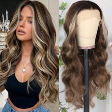 13X4 Free Part Black Green Highlights Body Wave Lace Front Wigs Pre Plucked Soft Long Wavy Hair Wigs Heat Resistant Wave Wigs Glueless Christmas Wig Long Wavy Synthetic Lace Front Wigs For Women Perfect For Daily Wear & Parties - Màu nâu highlight - Xem 3