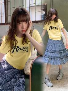 RUIWY 女款彩色块字母印花针织短袖T恤，夏季设计休闲圆领上衣，修身