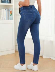 Women's Maternity Skinny Jeans Mid-Rise Stretchy Denim Pants For Pregnancy And Postpartum - Xanh đậm - Xem 3