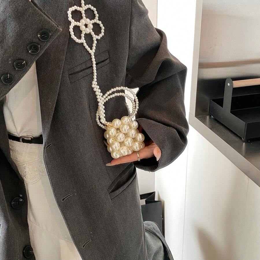 时尚金属珠柄迷你方形女士手提包，2025年夏季新款别致百搭单肩斜挎包，白色大号珍珠女士钱包，银色小号化妆包