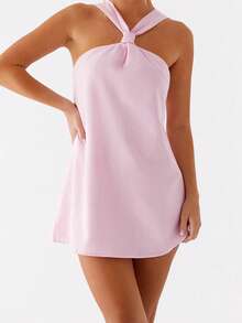 Women Mini Dress Solid Color/Floral Print Halter Neck Backless Dress Summer Fashion Sleeveless Casual Dress - 粉色 - 查看 3