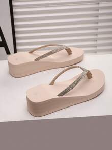 Women's Casual Rhinestone Decorative Flip Flop Sandals - Beige - View 2