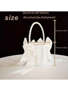 1pc Lace Flower Girl Basket,Wedding Flower Youngsters Basket, Basket With Lovely Pearl Handle Bow, Satin Flower Basket Suitable For Wedding Ceremony - Ivory And White