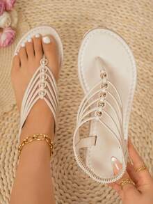 女士户外平底凉鞋，亚麻平底人字拖，铆钉松紧带圆头套脚平底凉鞋，镂空鞋头轻便防滑凉鞋，适合旅行、派对、办公、室内外穿着，可搭配连衣裙和休闲装，有白色、黑色、棕色、米色可选，宽楦，夏季旅行必备 - 米色 - 查看 7