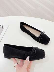 Satin Bow Ballet Flats Women, Square Toe Low Vamp Ballerina Shoes, Plus Size 41-45 - Black - View 3