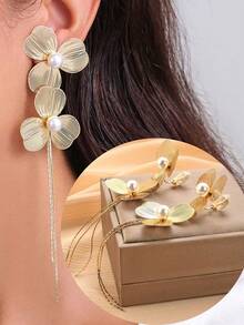 1 Pair Fashion Flower & Faux Pearl Long Tassel Clip On Earrings For Women, Exaggerated Big Style, Slimming & Elegant, Suitable For Daily Wear, Gift For Her - Ear Clip - View 12