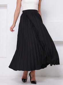LXC Women's Pleated Skirt, Women's Vintage Midi Skirt, Elegant High Waist Long Skirt, Simple, Casual, Pleated, Office, Wedding - 黑色 - 查看 1