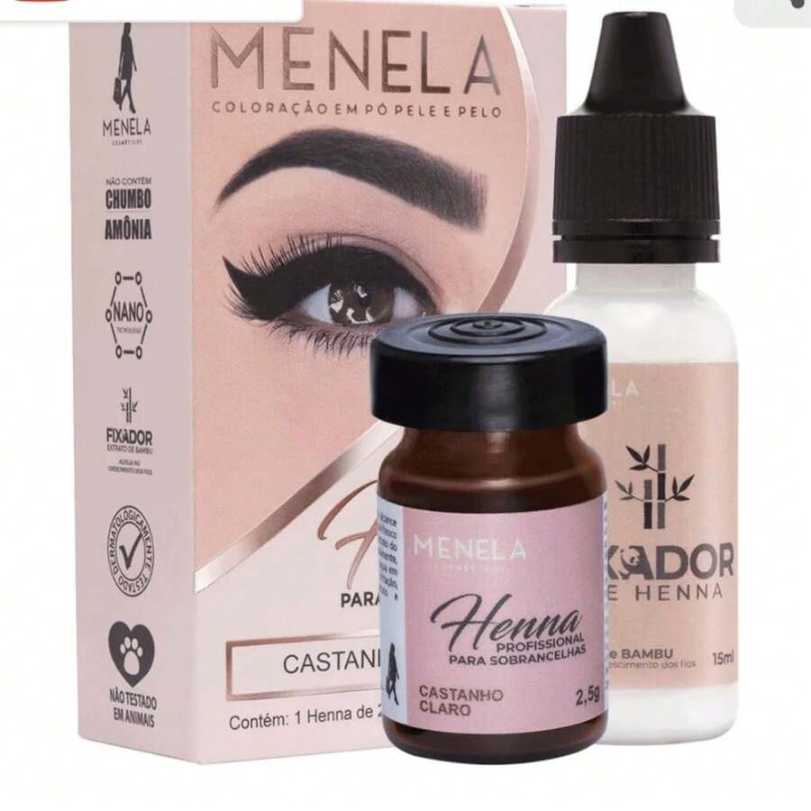 MENELA Eyebrow Henna Tint - Dark Brown Henna Brow Tint With Bamboo Extract For Long-Lasting, Bold Brows - 2.5g Powder &Amp; 15ml Fixer - Eyebrow Tinting Kit For Women - Medium Brown - 查看 1