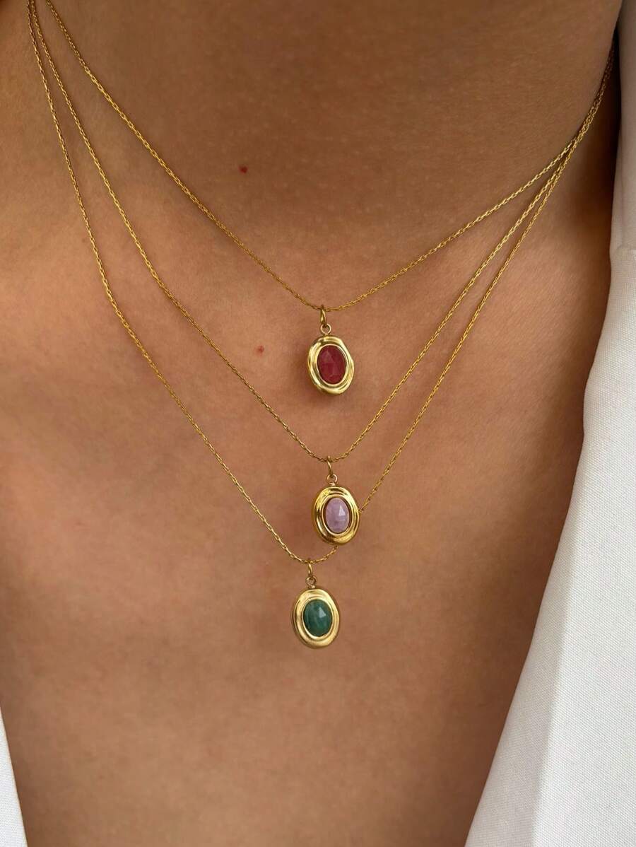 Monlansher Neue Halskette für Frauen, Edelstahl handgefertigter ovaler Stein Anhänger Halskette, mehrere Farben, modischer und minimalistischer hochwertiger Stil