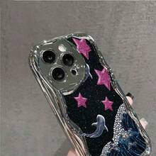 Glitter Stars Whale Sharks Ocean Art Element Design  Glossy Cream Wave Plated Phone Case For IPhone16/15/ 14/13/12/11/Xs Max, Anti-Scratch Protective Cover With Wavy Design,  Gift For Women Girls - Silver - View 4