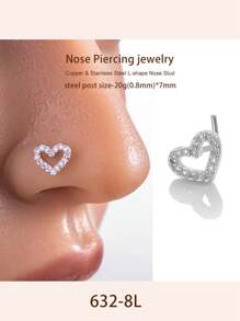 Toppiercing 1pc Funky Stainless Steel Cubic Zirconia Heart Decor Nose Stud For Women For Daily Decoration Valentines