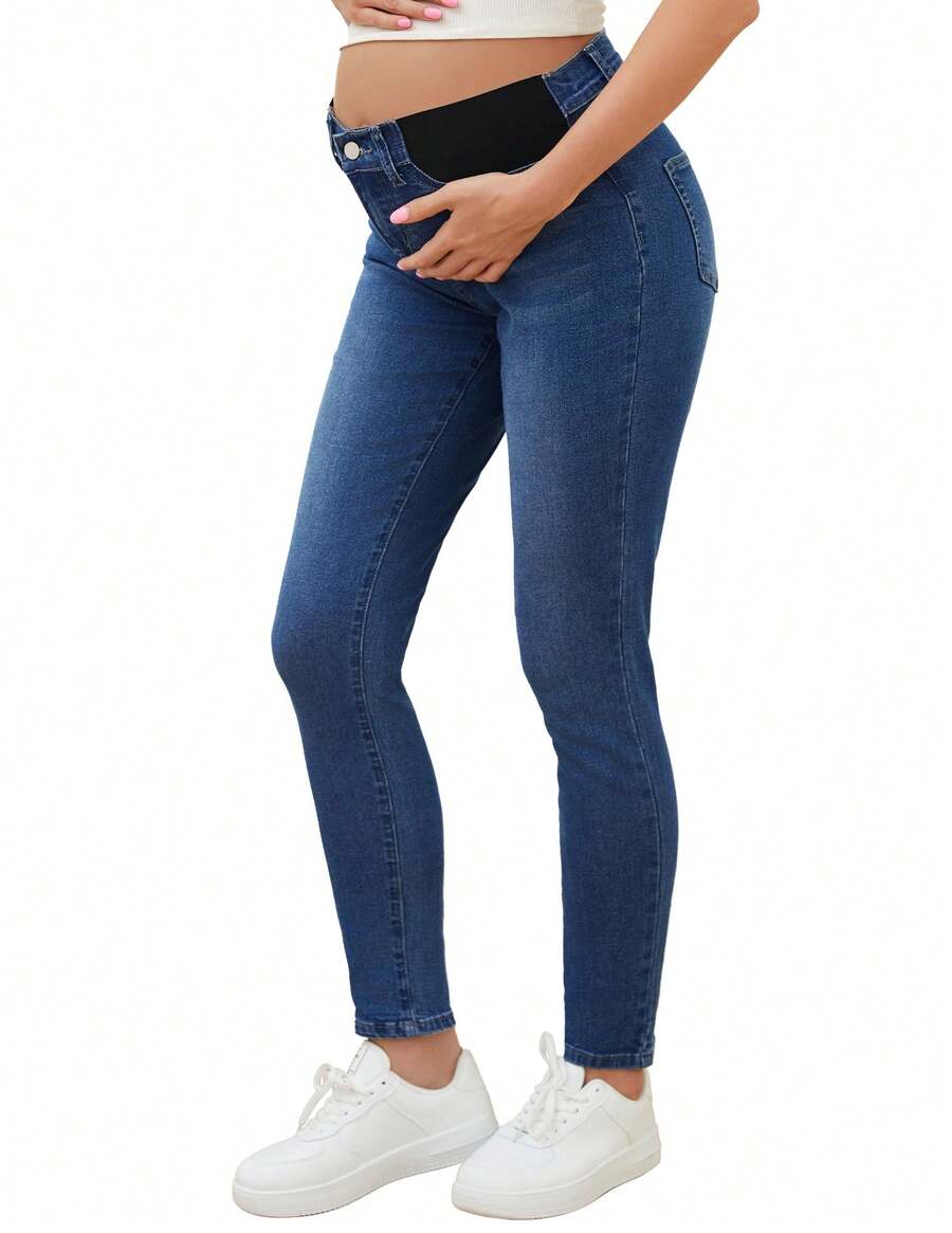 Women's Maternity Skinny Jeans Mid-Rise Stretchy Denim Pants For Pregnancy And Postpartum - Xanh đậm - Xem 1