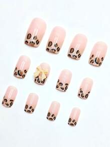 24pcs French Square Leopard Print Bow Fake Nails, Suitable For Summer Wedding Party Shooting Scene + Jelly Gel + Nail File