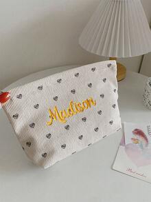(Embroidered Custom) Beige Cute Makeup Bag Clutch, Heart Print, Corduroy Fabric, Comfortable Large Capacity Durable Portable Travel Storage Bag, Zipper Closure Washable, Dorm Essential Toiletry Bag, Suitable For Makeup Tools, Gift For Girls - Multicolor - View 10