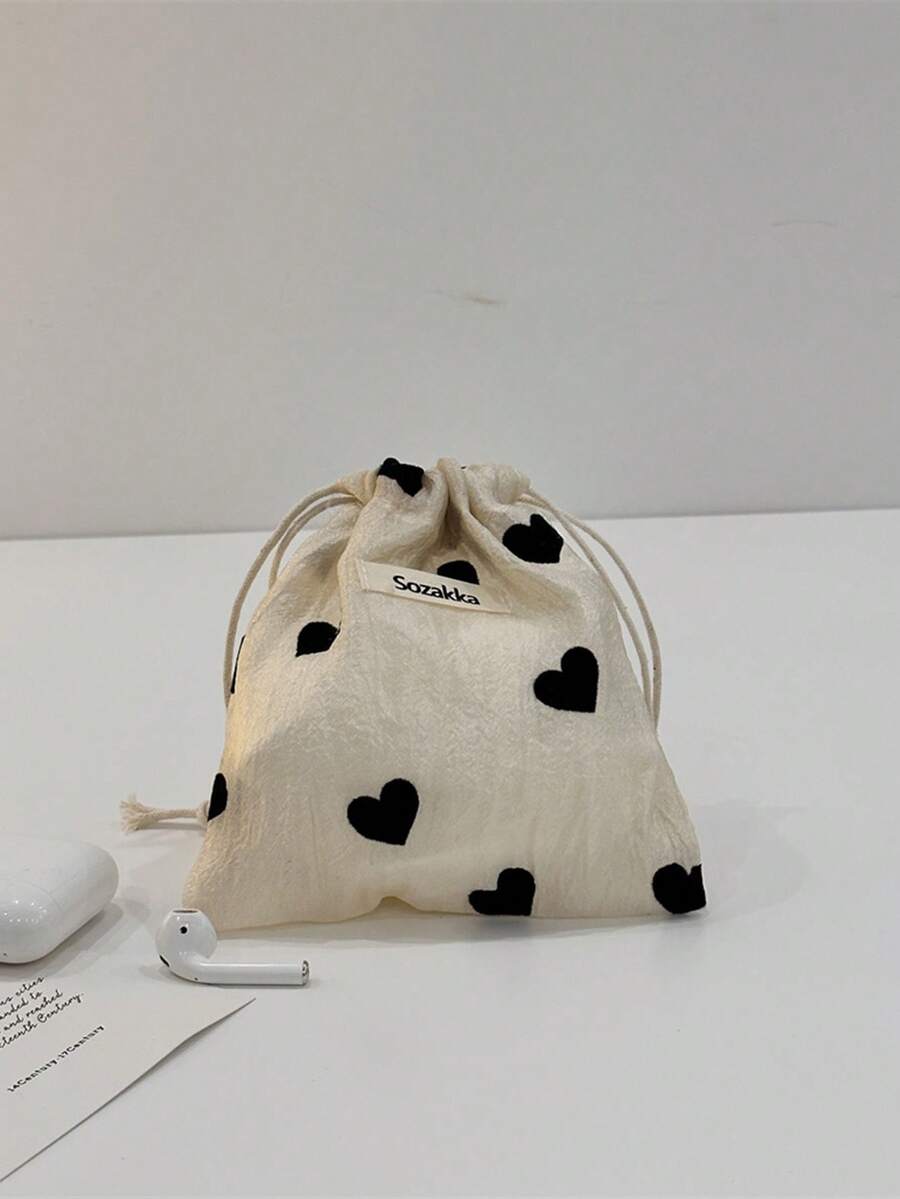 1Pc Creative And Versatile Drawstring Heart Shaped Storage Bag Small Size Cute Large Capacity Durable Cloth Bag Student Stationery Storage Drawstring Home Good Items,Bedroom Room Decor,Back To School - Yellow - View 1
