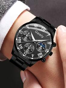 Ensemble de 4 montres à quartz pour homme, bracelet noir, à la mode et simple, cadran à trois yeux, chiffres romains, bracelet, collier, bague, idéal pour un usage quotidien, une décoration ou comme cadeau de vacances.