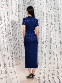 Improved New Chinese Style Cheongsam, High Neck Short Sleeve Side Slit Summer - Blue - View 3