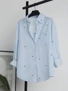 Women's Striped & Bow Print Button Front Casual Long Sleeve Shirt