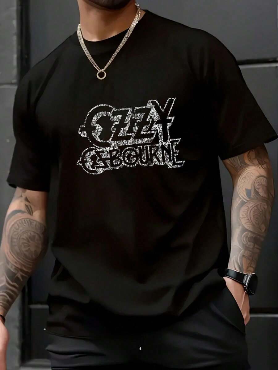 [Logo Black T-Shirt For Men - Distressed Retro Graphic Tee, Regular Fit Casual Summer Shirt, Machine Washable Rock Band Merchandise, Casual Summer Wear| Vintage Graphic Tee| Machine Washable ShirtVintage High Quality Cotton Natural And Breathable Pure Cotton Printed T-Shirt - 黑色 - 查看 1