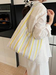 女士大容量休闲条纹帆布单肩包，多功能手提包，适合旅行和日常使用，妈妈钱包 - 黃色 - 查看 3