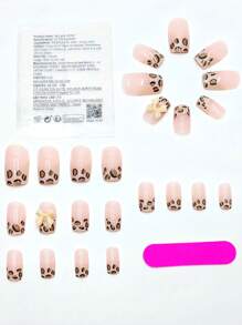 24pcs French Square Leopard Print Bow Fake Nails, Suitable For Summer Wedding Party Shooting Scene + Jelly Gel + Nail File