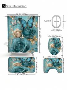 1pc/4pcs Floral Butterfly Multifunctional Bath Decor Set, Including Waterproof Shower Curtain With 12 Hooks, Anti-Slip Bath Mat, U-Shaped Toilet Mat, And Round Toilet Lid Cover, Ideal For Bathroom Scenes Bathroom Accessories Back To School