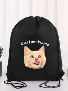 Customizable Pet Name And Photo Polyester Drawstring Bags, Personalized Logo/Text, Durable Multi-Purpose Backpacks For Weddings, Showers, Birthdays, Graduations, Holidays & More, Event Giveaway Bags | Bold Visual Appeal | Lightweight Backpack