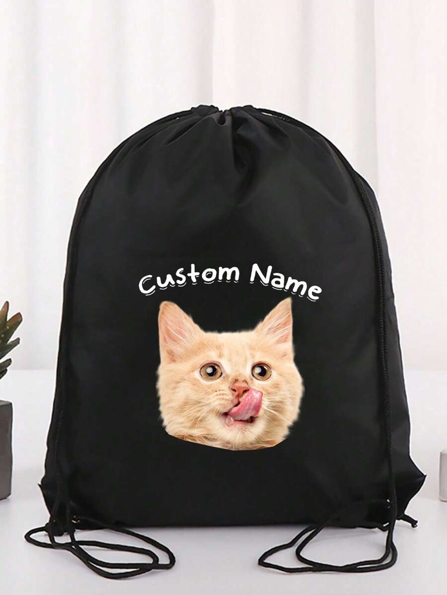 Customizable Pet Name And Photo Polyester Drawstring Bags, Personalized Logo/Text, Durable Multi-Purpose Backpacks For Weddings, Showers, Birthdays, Graduations, Holidays & More, Event Giveaway Bags | Bold Visual Appeal | Lightweight Backpack