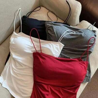 Women's Sleeveless Pleated Vest Hot Girl Short Top With Shoulder Straps Solid Color Simple Fashion Vest