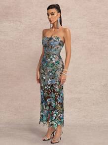 Vestido formal elegante de mujer con doble capa de bustier con cuentas, adecuado para invitados de boda