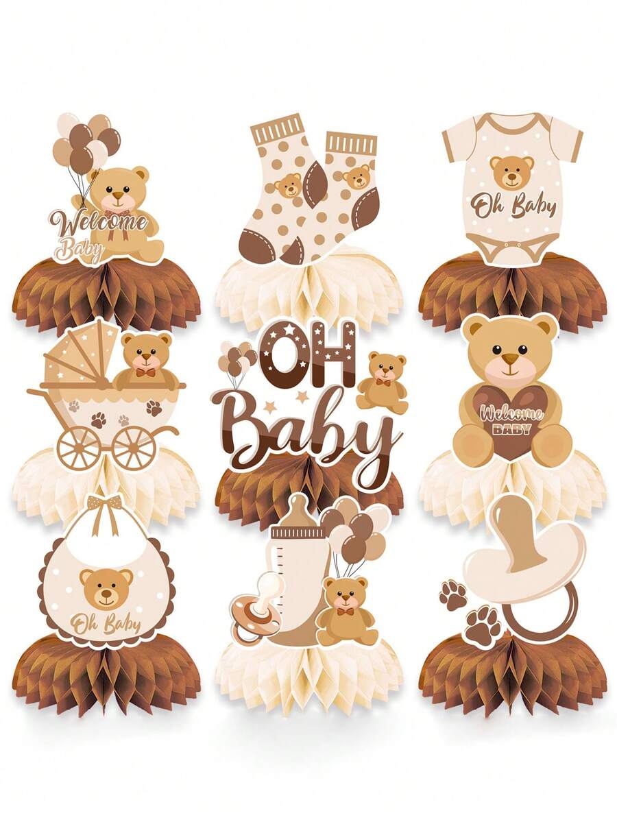 9 件/1 套 - 婴儿淋浴泰迪熊蜂巢中心装饰，“Oh Baby”3D 奶油色蜂巢中心装饰，用于揭示婴儿淋浴性别，婴儿生日派对礼物（棕色） - 棕色 - 查看 1