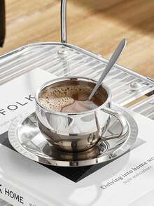1set/2set Coffee Cup Saucer Set Retro Stainless Steel Coffee Cup Exquisite Posing Vlog Afternoon Tea Cup - 銀色 - 查看 10
