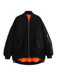 女式黑色飞行员夹克长袖休闲街头宽松秋冬外套 - 黑色 - 查看 3