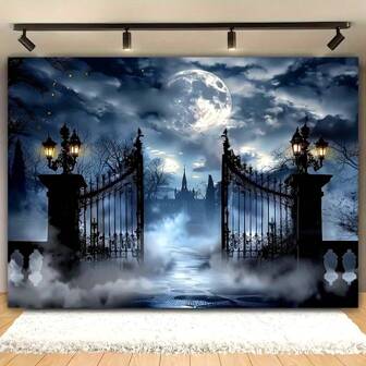 Halloween Background Gothic Castle Full Moon Night Party Photography Background Is Suitable For Halloween Foggy Cemetery Gate Theme Photo Background Wall Decoration, No Electricity.