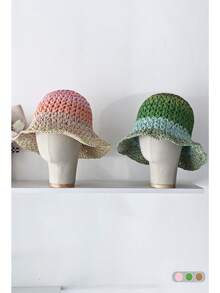 1 件装复古双色条纹草编渔夫帽，百搭女士紧凑型渔夫帽 - 彩色 - 查看 3