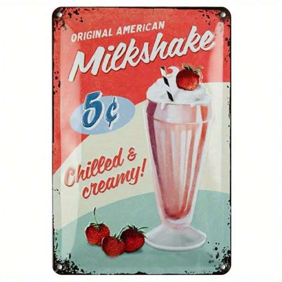 Vintage USA Diner Milkshake Tin Sign – Retro Metal Wall Decor With Strawberry & Ice Cream Design, 8x12 Inch, Perfect For Coffee Shops, Bars, And Home Décor, Bar Decor - 8x12in - Xem 1