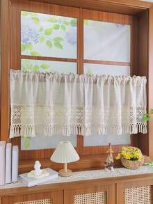 1pc Boho Style Crocheted Linen Cafe Curtain With Tassel Farmhouse Short Curtain Valance For Kitchen Dining Room Window Rod Pocket Top - Beige - View 1
