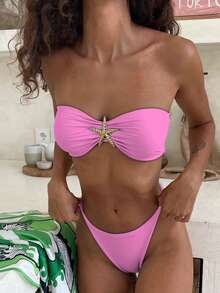 Neuer sexy pinker trägerloses Seestern-Muster Bikini-Set für Frauen, lässiger europäischer und amerikanischer Stil, geeignet für Strand, Urlaub, Party, Date, Frühling/Sommer - Pink - Übersicht 2