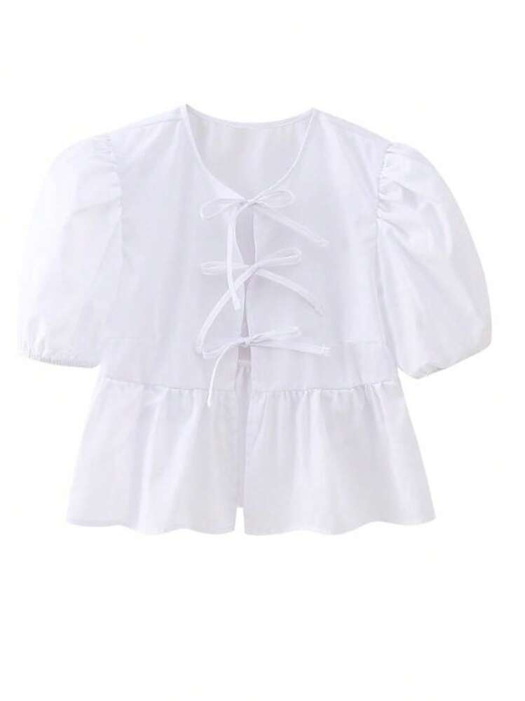 Liso, informal, lindo, con volante en el bajo, nudo, lazo - Blanco - Añade 1