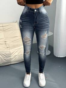 Women's Tight Jeans With Elastic Tearing Holes And Slanted Pockets, Casual Tight And Sexy Slim Fit Jeans - 深色水洗藍 - 查看 5