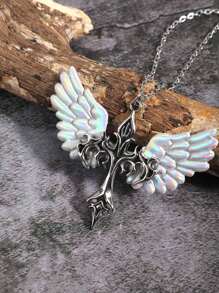 Retro Gothic Y2K Style Angel Wing & Flame Cross Pendant Necklace, Fashionable And Versatile Jewelry, Valentine's Day Gift